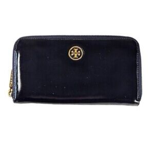 Tory Burch Black Patent Leather Robinson Zip Around Wallet